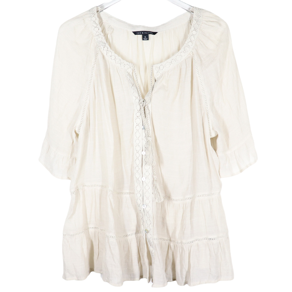 Zac & Rachel Crochet Top Size XL Beige Short Sleeve Blouse Boho Ruffle Shirt EUC